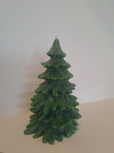Load image into Gallery viewer, Deep green Evergreen Tree beeswax candle with layered branches against a neutral background.
